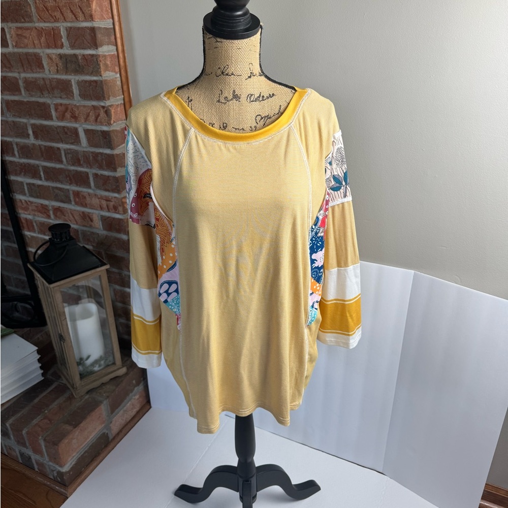 Yellow Women's Top with Colorful Sleeves